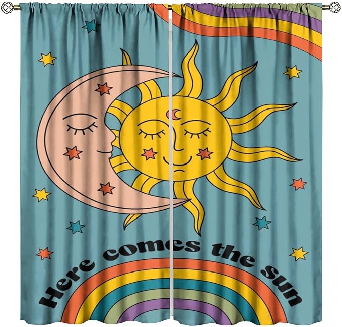 Boho Retro Moon Blackout Curtains, Abstract Vintage 70s Rainbow Mid Century Colour Art Print Window Drapes, for Living Room Bedroom 63x63in 2 Panels