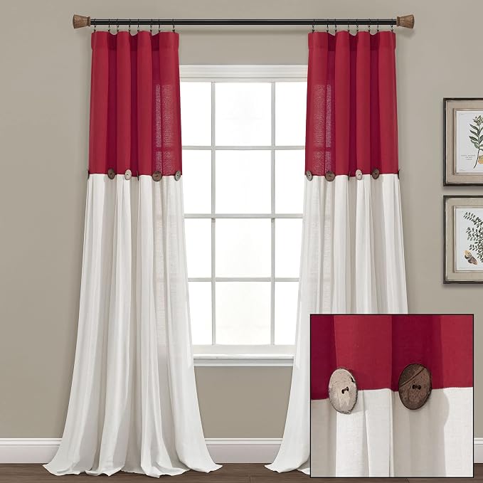 Lush Decor Linen Button Window Curtain Panel, Single, 40" W x 84" L, Red & Off White - Country Curtains - Rustic Decor - Color Block Modern Farmhouse Curtains For Living Room, Bedroom & Dining Room