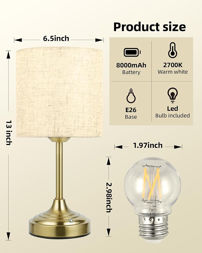 Wireless Lamp, 2-Pack, 8000mAh, Dimmable, Ambient Light, 2700K, Touch Control, Portable, Small, LED, Rechargeable Table, Rechargeable, Cordless, Desk Lamp, Kitchen Lamp, Fabric Shade, for Dining Room