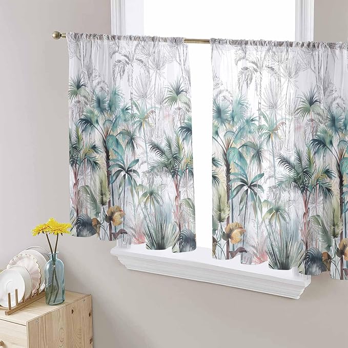 Teal Green Palm Tree Sheer Curtains 45 Inch Length 2 Panels Set for Living Room/Bedroom, Semi Curtain Sheers Drapes Rod Pocket Window Curtains 52x45x2 Summer Tropical Coconut Plant Modern White