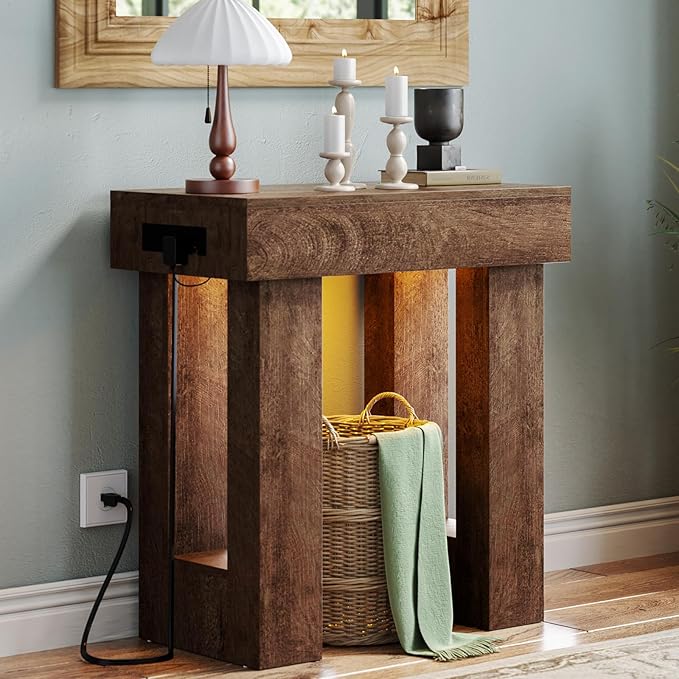 Unikito 32" Entryway Table with Socket and Sensor Light, Narrow Console Table with Storage Behind Couch, Farmhouse Entry Way Tables with Open Storage for Entrance/Hallway/Living Room