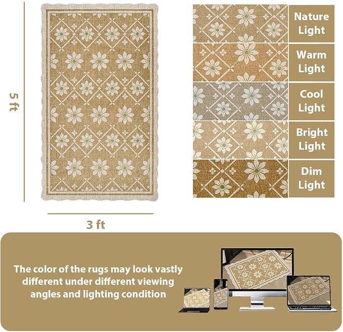 ORTIGIA Scalloped Easy Jute 3x5 Area Rug Boho Vintage Brown Floral Farmhouse Washable Rug Non-Slip Indoor Outdoor Carpet for Living Room Bedroom Kitchen Patio Entryway