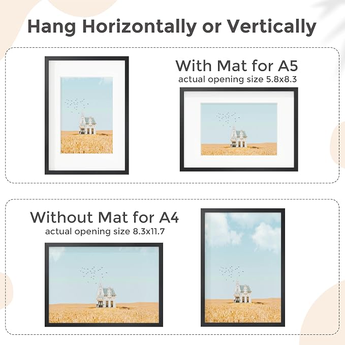 FLYJOE A4 Picture Frame Black - High-End Metal 8.3 x 11.7 Frame Aluminum Frame for Wall, Photo Frame with Mat for A5, 8.25 x 11.75 Poster Frame, Certificate Frame with Glass, Wall Kit, Black