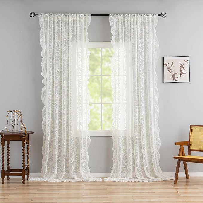 TUDECO Lace Curtains 96 Inches Long - Antique Floral Sheer Embroidered Rustic Ruffle Curtains for Dining Room Rod Pocket Privacy French Deocr 1 Pair, 59 x 96 Inch, Ivory
