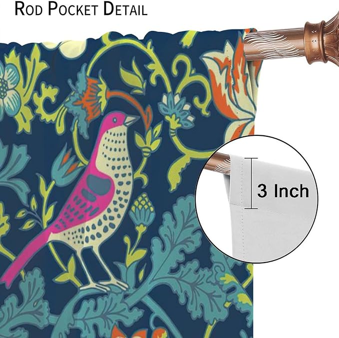 Boho William Morris Art Blackout Window Curtains, Magical Forest Vintage Flowers and Birds Rod Pocket Curtains, for Living Room Bedroom 26(W)*84(L) 2 Panels
