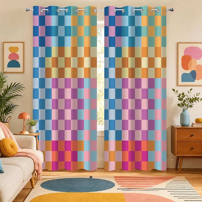 Multicolored Checkerboard Blackout Curtains, Mid Century Modern Colorful Vibrant Checkered Room Darkening Thermal Insulated Grommet Window Drapes for Living Room Bedroom Decor 2 Panels 52x84 Inches