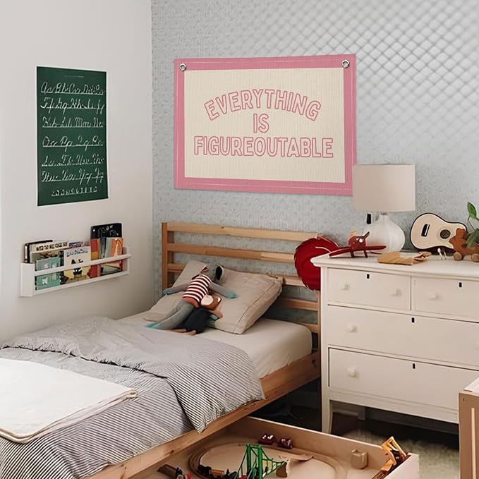 Everything is Figureoutable Inspirational Wall Decor, Motivational Classroom Wall Decor, Classroom Linen Canvas Banner Hanging Flag, 20x30 Inch - Pink Border