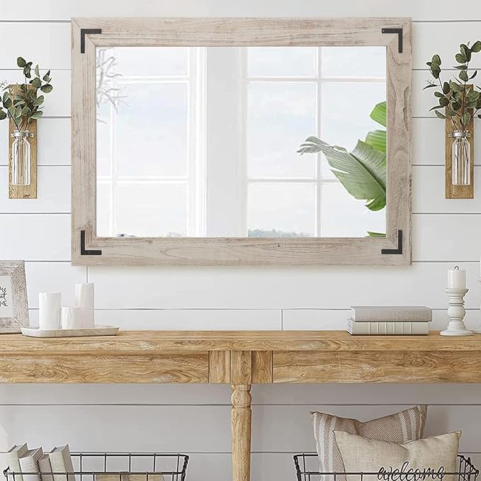 YOSHOOT Rustic Wooden Framed Wall Mirror, Natural Wood Bathroom Vanity Mirror for Farmhouse Decor, Vertical or Horizontal Hanging, 72" x 36", Grey