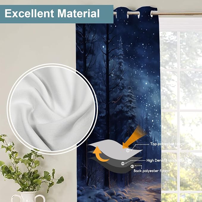 Shrahala Winter New Year Blackout Window Curtains, Stars Forests Snow Night Thermal Insulated Curtains Grommet Long Drapes for Bedroom,Living Room (2 Panels, 52 x 63 in)
