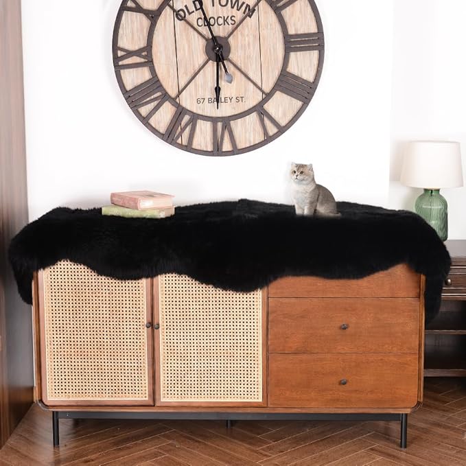 IRIWOOL Premium Genuine Fur Sheepskin Rug Real Australia Sheepskin Natural Luxury Fluffy Lambskin Fur Area Rug Seat Covers for Kids Bedroom Sofa Chair Cover (Black, Double Pelt/2ft x 6ft)