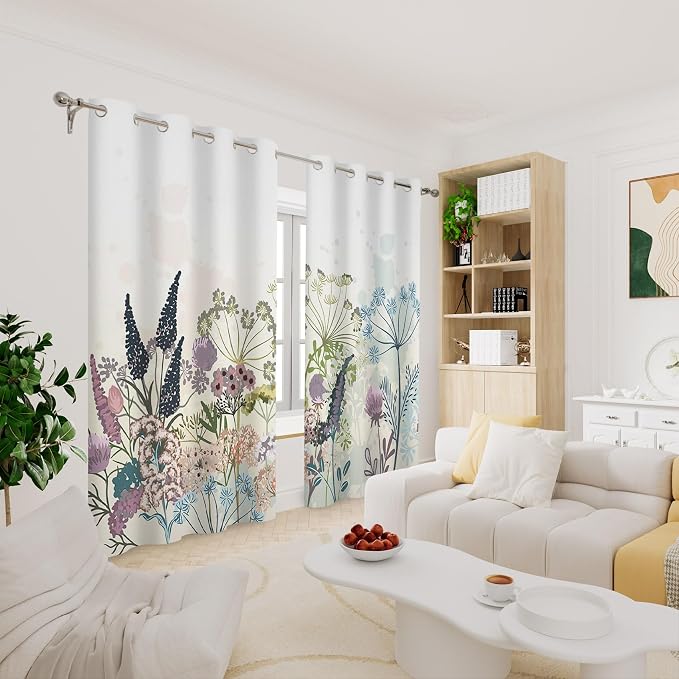 Renaiss Wildflowers Blackout Curtains Vintage Botanical Floral Plant Thermal Insulated Window Drapes for Bedroom 42W x 63L inches 2 Panel Set Window Curtain Panels for Living Room