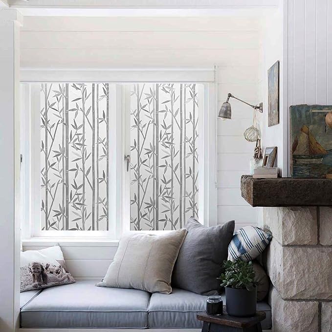 Lemon Cloud Window Privacy Film, Stained Glass Window Film Static Cling, Bamboo Decorative Frosting Opaque Coverings, Day and Night Privacy Removable Sun Heat Blocking for Home Office, 23.6" x 157.4"