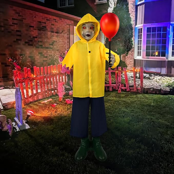 Halloween Decorations Outdoor - 4 Ft Life Size Halloween Animatronics Prop with Sound & Touch Activated Sensor and Light Up Balloon - Spooky Scary Decor for Home Indoor Garden Lawn Yard Grave Party