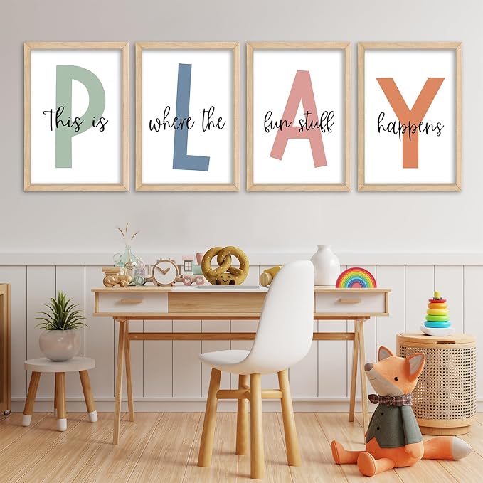 This Is Where Fun Stuff Happens Kids Playroom Wall Decor PLAY Quote Art | Motivational Prints for Nursery, Natural Wood Frame, Set of 4, 16x24 Inches , Let's Play Sign for Toddler Boys, Ready to Hang