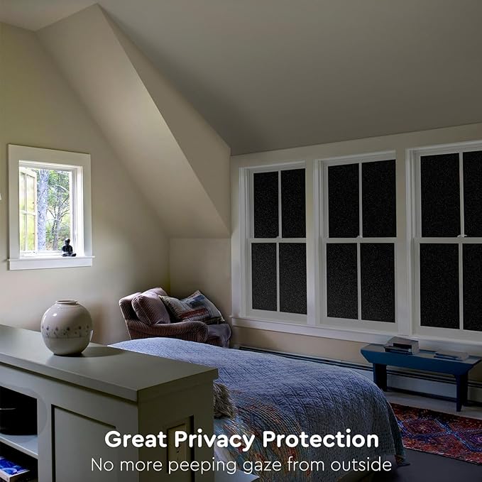 Kromapolis Blackout Window Privacy Film Total Light Blocking Room Darkening Window Covering, Removable Static Cling Frosted Glass Tint, Non-Adhesive, Black 17.5'' x 78.7''