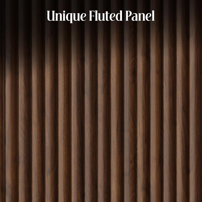 Fluted Buffet Cabinet Sideboard with Storage, Wooden Credenza with 2 Doors & Adjustable Shelf, Modern Fluted Accent Cabinet Coffee Bar for Living Room, Kitchen, Dining Room, Entryway, 15″ Deep, Brown