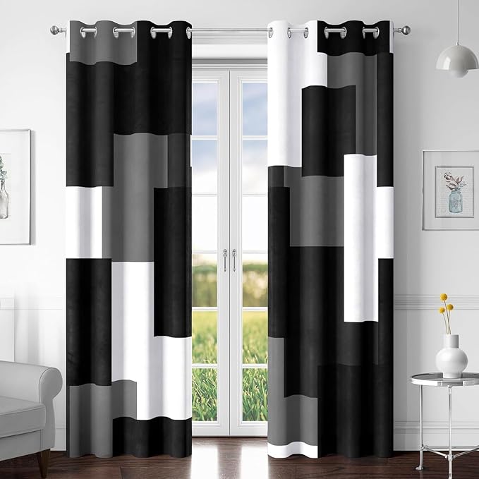 Tyrot Black Grey 100% Blackout Curtains for Bedroom 108 inch Extra Long 2 Panels Set White Grey Modern Abstract Geometric Black Out Curtains Room Darkening Window Drapes for Living Room, 52Wx108L