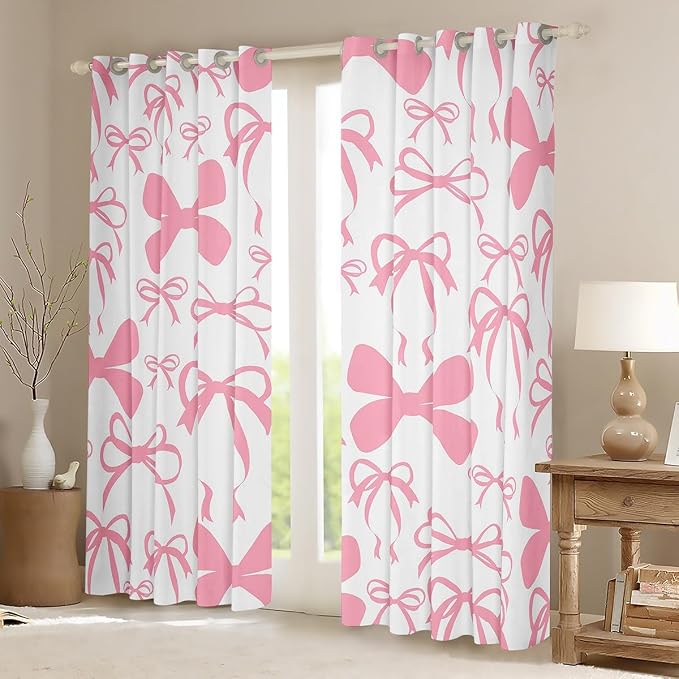 Feelyou Bow Room Darkening Blackout Curtain (2 Panels, 38 x 54 Inch) Black Cute Bowknot Curtains for Bedroom Living Room Pink Girls Bow Blackout Curtains Kawaii Bow Window Treatments