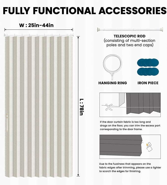 AJAZZ Blackout Accordion Door Sets Included Rod (1 Pack, 43W x 78 L, Beige) Invisible Accordion Doors Interior Magnetic Door Curtain for Bedroom Living Room Doorway Curtain