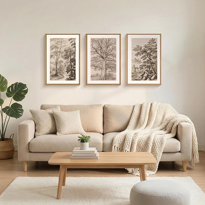 Large Vintage Tree Sketch Framed Canvas Wall Art,Brown and Beige Botanical Wall Decor,Natural Forest Artwork,Textured Landscape Art Print for Living Room,Bedroom,Office- 24"x36"x3