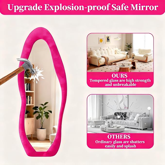 Dewfig Full Length Mirror, 63" x 24"Irregular Mirror, Large Floor Length Mirrors Wall Mounted, Standing Mirrors with Flannel Wrapped Wooden Frame for Bedroom/Living Room, Hot Pink