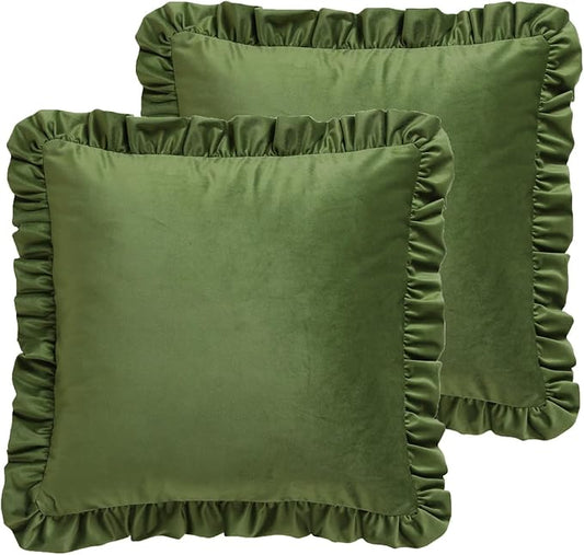 ISAENNE Vintage Olive Green Square Throw Pillow Covers 22"x22" Set of 2, Solid Color Farmhouse Velvet Decoration Pillow Cover with Ruffles,Throw Pillow Case for Couch Sofa Bed Living Room Car
