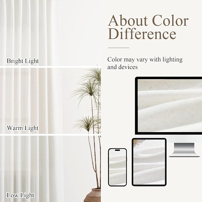Aersas 63 Inches Linen Back Tab Curtains for Bedroom Semi Sheer Modern Farmhouse Aesthetic Drapes Light Filtering Window Treatments with Rod Pocket Lightweight for Living Room Laundry Room 52x63