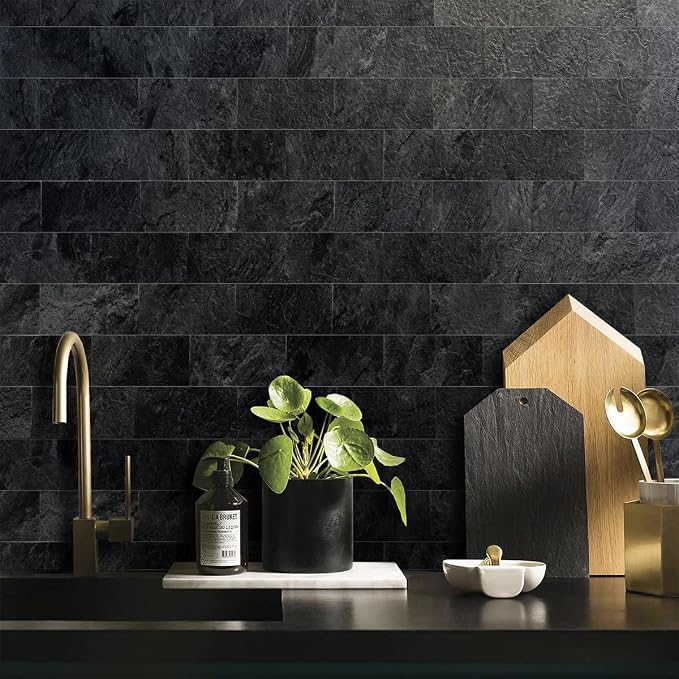 AULIGET 200 Pieces Black Slate Peel and Stick Backsplash Wall Tiles, 3" x 6" PVC Faux Stone Stick on Tiles for Backsplash Kitchen, Bathroom, Laundry Room, Camper, Fireplace