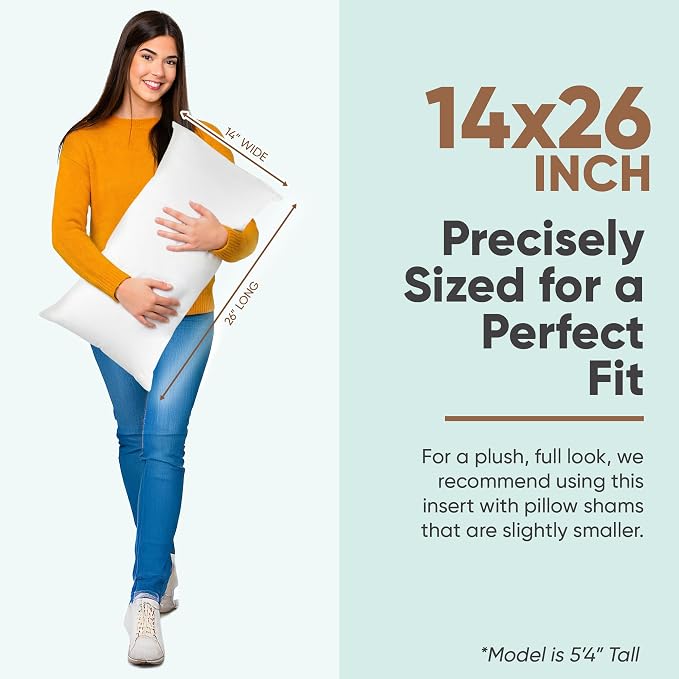 Pillowflex Synthetic Down Pillow Insert - 14x26 Down Alternative Pillow, Ultra Soft, Large Rectangle, Lumbar, Travel, Neck, Sleeping Pillow - 1 Decorative Pillow Form