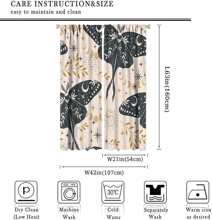 Witchy Curtains, Goth Curtains, Moth Decor, Star Curtains, Moth Curtains Darkening Curtains Botanical Curtains for Bedroom Living Room W42xL63 Inch