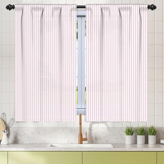 Renaiss 42 x 54 Inch Pink Striped Kitchen Curtains Heavy Linen Cafe Curtain Modern Farmhouse Window Treatment Tiers for Living Room Bathroom RV Camper Small Window Light Filtering Rod Pocket 2 Panels