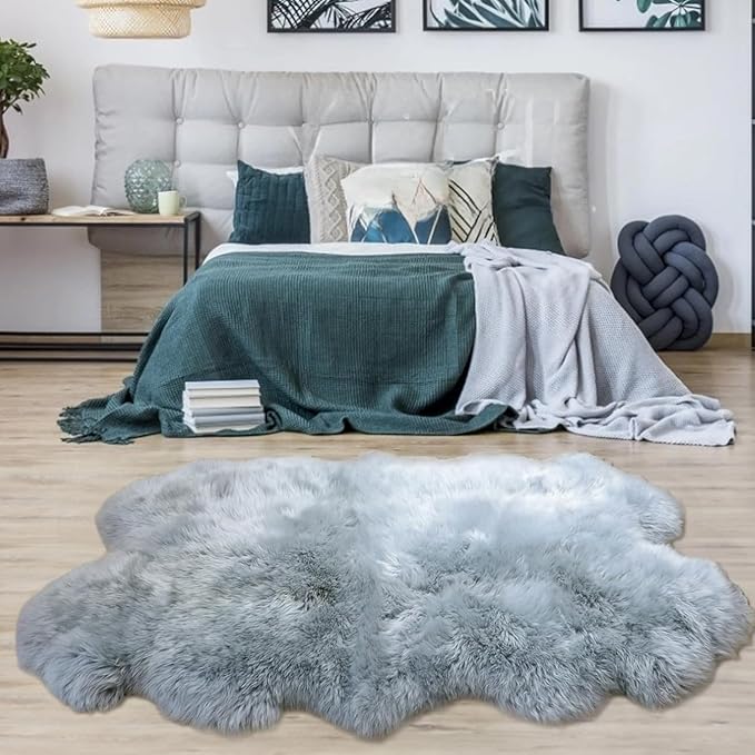 Woolous Sheepskin Rug 4x6 ft Gray - Genuine New Zealand Sheep Skin Rugs - Large Quad Natural Fluffy Area Rug - Real Sheepskin for Nursery Decor, Bedroom, Living Room - Soft & Luxurious 4 Pelt Rug