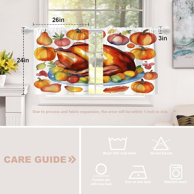 Shrahala Turkey Pumpkin Thanksgiving Blackout Curtain Tiers, Watercolor Fruits Delicious Food Pears Kitchen Valance Light Blocking Tier Drapes with Rod Pocket, 2 Pack 26 X 24 in