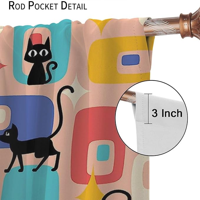 JESTRONRY Mid Century Style Curtains, Black Cat Modern Abstract Geometric 1950s 60s Vintage Colorful Blackout Rod Pocket Window Drapes for Living Room Bedroom Home Decor 72x63in