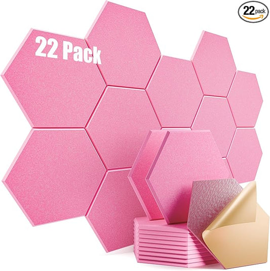 22 Pack Self-Adhesive Acoustic Panels 12" X 10" X 0.4" - Sound Proof Foam Panels for Wall, Hexagonal Design, Flame Resistant, Absorb Noise and Eliminate Echoes(Pink)