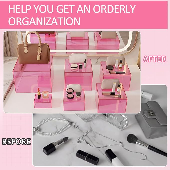 Geelin 6 Pack Acrylic Risers for Display Acrylic Cube Boxes Risers Display Stands with Hollow Bottoms Decorative Stand for Jewelry Candy Table Decor 6 Sizes(Clear Pink,3 to 8 Inch,Square)