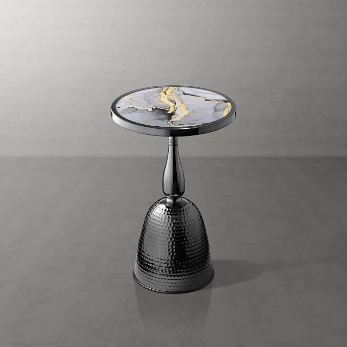 Homes: Inside + Out Halric Modern 24" Tall Round End Table with Decorated Tabletop and Iron Metal Base, Accent Furniture, Elegant Pedestal Stand for Living Room, Home Office, Black with Faux Marble