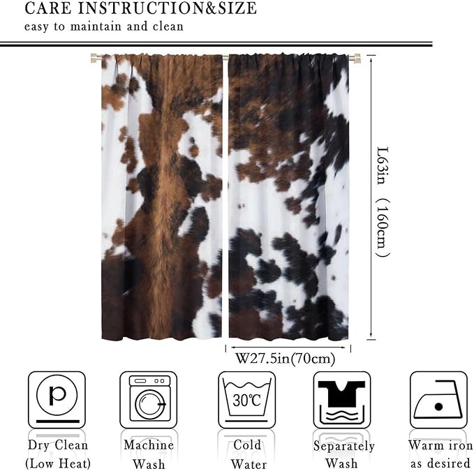 Cow Print Blackout Curtain,Brown White Cowhide Animal Fur Western Rustic Farmhouse Style Window Treatments Rod Pocket Curtain for Bedroom Living Room Kitchen Decor Drapes 55x63in