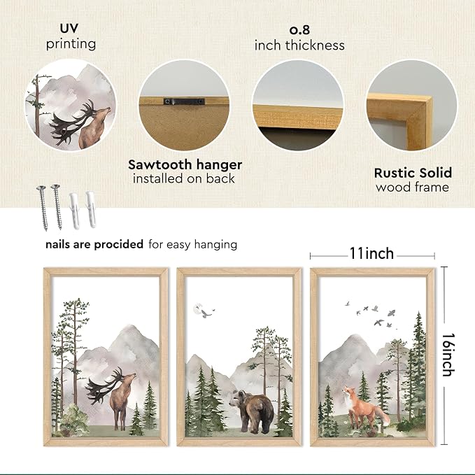 Woodland Nursery Animal Wall Art 11x16 3pc, Deer Bear Fox Boys Room Decor | Rustic Wood Framed Forest Mountain Watercolor Prints Set of 3, Toddler Boys, Kids Bedroom, Playroom & Nursery Nature Decor