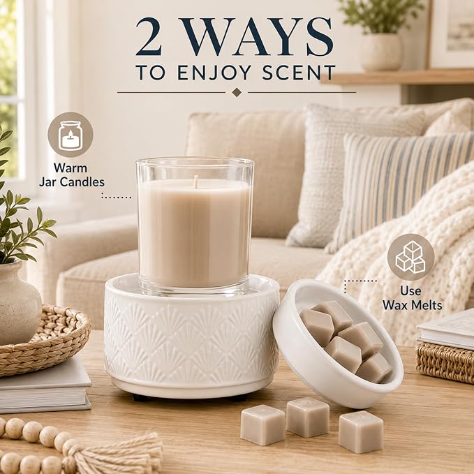 mocosa Ceramic Wax Warmer Wax Melt Warmer for Scented Wax 3-1 Electric Candle Warmer Home Fragrance Wax Burner for Mom Women(White-Fan Shaped)
