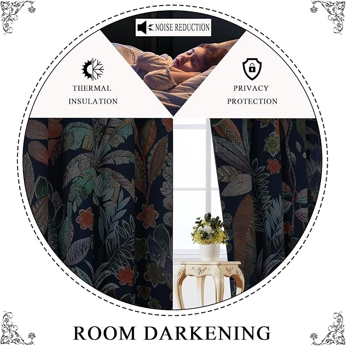 Estelar Textiler Navy Blue Maple Leaves Blackout Curtains 90 inch Length 2 Panels, Grommet Drapes for Bedroom Living Room, Window Decor Themed, Colorful Leaf Pattern Designs Nature Print, 52Wx90L