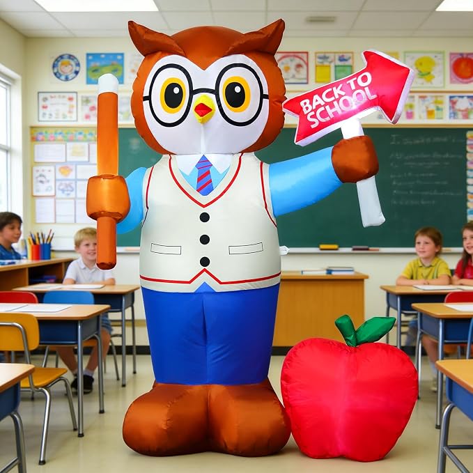DomKom 5FT Back to School Inflatable Professor Owl with LED Lights, Blow Up Yard Decor with Apple & Pencil, Waterproof Lawn Ornament for First Day School, Classroom Welcome & Graduation Party