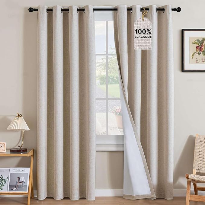 H.VERSAILTEX Linen Curtains 100% Blackout Curtains for Bedroom 90 inch Long Full Light Blocking Nature Linen Blended Window Curtains for Living Room Nickel Grommet (2 Panels, Heathered Natural)