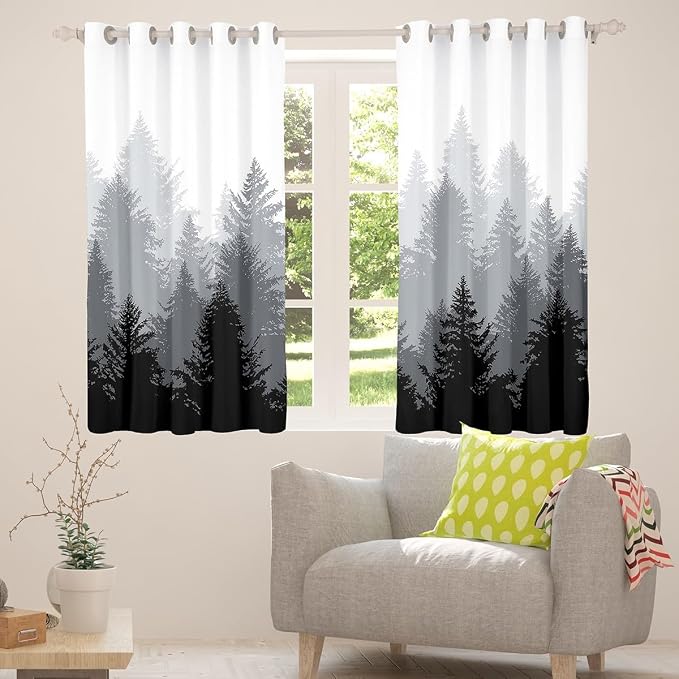 Smoky Mountain Window Curtains 52"Wx84"L,Smoky Fog Window Treatments Curtains For Kids Boys Teens Men, Landscape Curtains Pine Tree Nature Window Drapes 2 Panels Bedroom Living Room Decor Black Grey