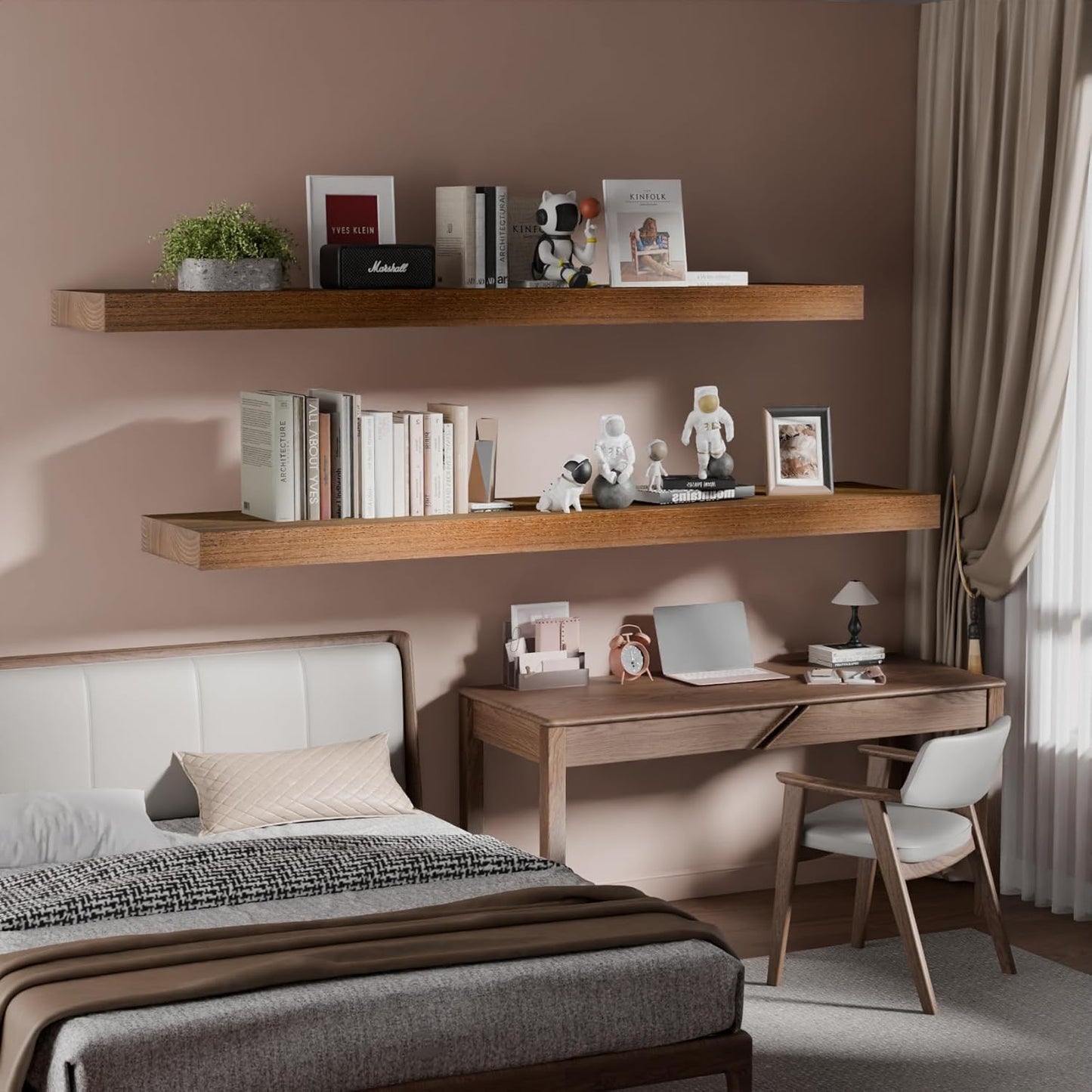 IAE Walnut Floating Wall Shelves 55 inch, Bathroom Shelves Wall Mounted,Invisible Shelves Floating Kitchen Shelves,Wooden Wall Shelves with Brackets for Living Room Wall Mounted,Easy Install,Set of 2