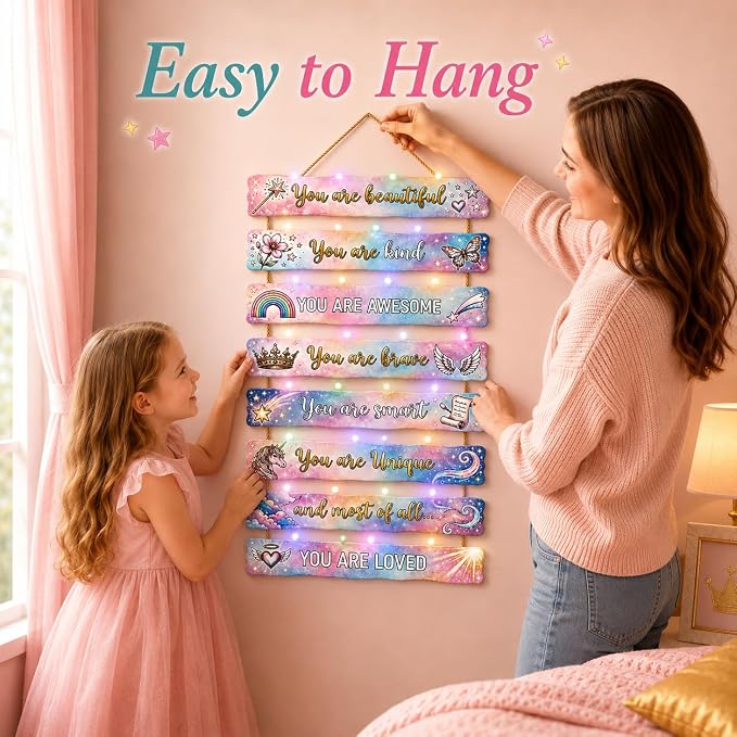 Dreamy Unicorn Room Decor Set of 8 with Led Light for Teen Girls Kids Toddler, Preppy Inspirational Rainbow Galaxy Wood Nursery Wall Decor for Dorm Bedroom, Cute Dreamy Chic Motivational Princess Room Decor