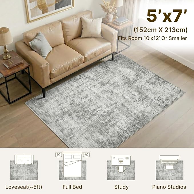 5x7 Area Rugs Washable Living Room Rug-No Slip Soft Carpets Modern Abstract Indoor Floor Stain Resistant Carpet for Bedroom Dining Room Farmhouse Nursery Home Office Grey