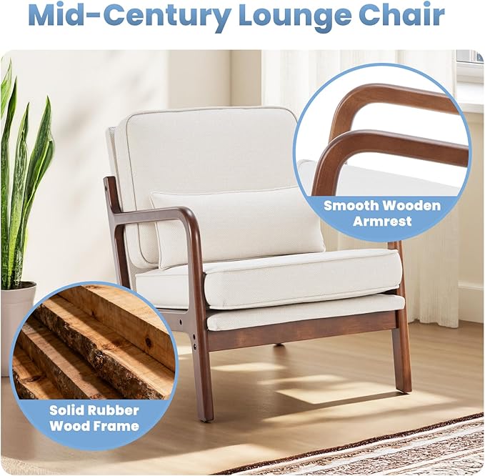 DUMOS Accent Chairs Set of 2, Mid Century Modern Chair with Lumbar Pillow and Solid Wooden Frame, Low Lounge Chair for Small Living Room, Bedroom, Reading Nook, Home Corner, Beige