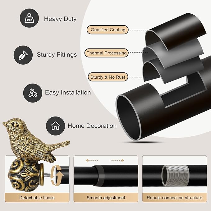 Black Curtain Rods for Windows 48 to 84 Inch, Vintage Decorative Curtain Rod with Gold Bird Finials, 1'' Adjustable Heavy Duty Drapery Rod Set for Bedroom Living Room Kitchen,36-88''