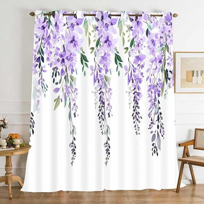Purple Watercolor Floral Curtains, Botanical Leaves Vine Flowers Curtain, Rustic Farmhouse Flower Leaf Blackout Window Treatment Drapes for Bedroom Living Room 42x96 inch, 2 Panels